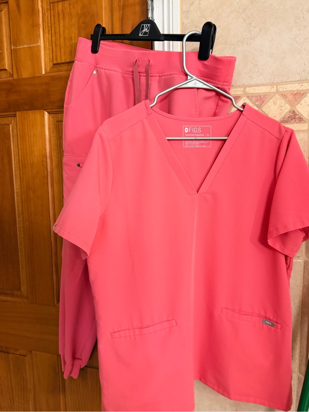 Figs Coral Pink V-Neck Scrub Top and Drawstring Pants